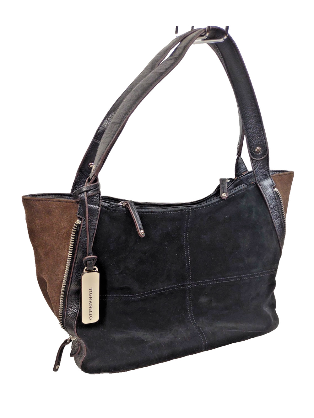 TIGNANELLO Black and Brown Suede Leather Expandable Hobo Shoulder Bag Handbag